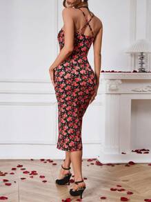 Allurite Flower Print Split Hem Spaghetti Strap Women's Dress - Multicolor - View 3