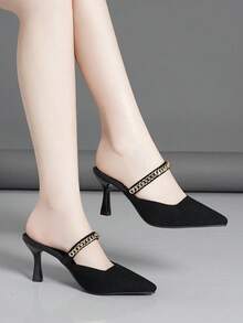 Women's Pointed Toe Stiletto Heels With Hollow Out Design And Metallic Decoration - Black - View 2