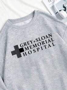 Plus Size Women's Slogan Print Crew Neck Sweatshirt - Grey - View 5