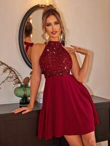 Joyfunear Women's Beaded Halter Neck Sequin Decor Elegant Short Dress - Red - View 6