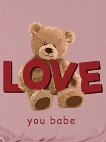 SHEIN EZwear Plus Size Women's Short Sleeve T-Shirt With Letter And Bear Print - Coral Pink - View 3