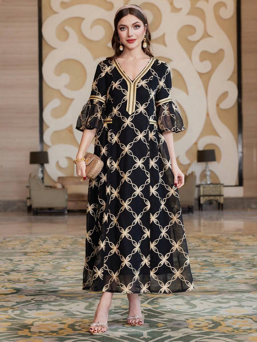Al Najma Embroidery Tape Mesh Ruffle Sleeve V-Neck Dress - Black - View 1