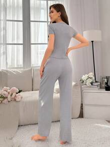 Women's Heart Embroidery Half Button Placket Top & Pants Homewear Set Outfit