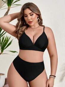 SHEIN Swim Curve Summer Beach Plus Size Jednokolorowe bikini z wysokim stanem Festiwal muzyczny