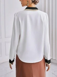 SHEIN Privé Ladies' Color Block Turn Down Collar Long Sleeve Shirt - Black and White - View 2