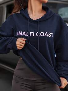 EURMUSE Letter Graphic Drop Shoulder Drawstring Hoodie - Navy Blue - View 4