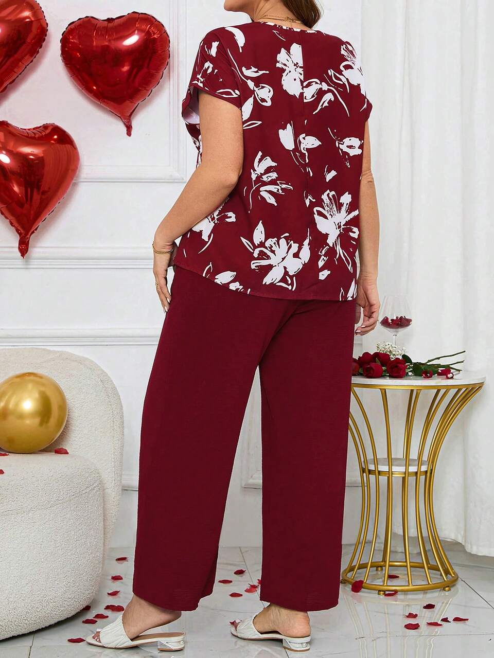 Valentine's Day Plus Size Women Summer Flower Plant Printed Short Sleeve Top And Pants Red Two Pieces Set,Holiday Outfits,Spring/Vacation