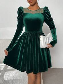 SHEIN Privé 女士網眼拼接羊肉袖連衣裙 - 墨綠色 - 查看 2
