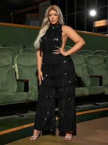SHEIN SXY Plus Size Glitter Sequin Tassel Backless Jumpsuit - Black - View 4