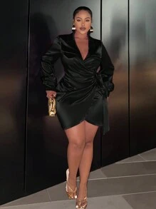 Slaydiva Plus Size Side Tie Wrap Over Dress - Black - View 5