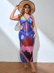 SHEIN Swim Curve Vestido de cubrebotas con estampado y abertura en la cintura para mujer de talla grande, de verano