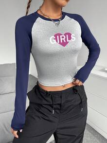 SHEIN EZwear Women's Colorblock Letter Printed Raglan Sleeve T-Shirt - Grey - View 4