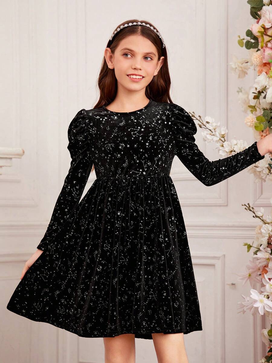 SHEIN Tween Girls' Knitted Starry Sky Pattern Leg Of Mutton Sleeve Fitted Round Neck Casual Dress - Black - View 1