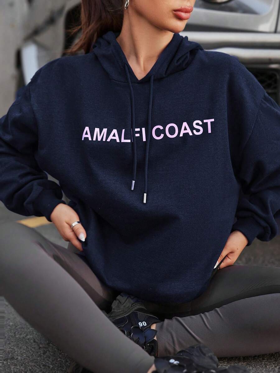 EURMUSE Letter Graphic Drop Shoulder Drawstring Hoodie - Navy Blue - View 1