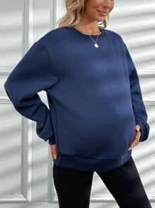 SHEIN Women's Casual Solid Color Maternity Sweatshirt With Round Neck, For Winter - Navy Blue - View 1