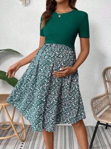 SHEIN 圆领印花拼布孕妇哺乳连衣裙，休闲日常穿着，春夏季，非常适合度假婴儿洗礼派对 - 綠色 - 查看 4