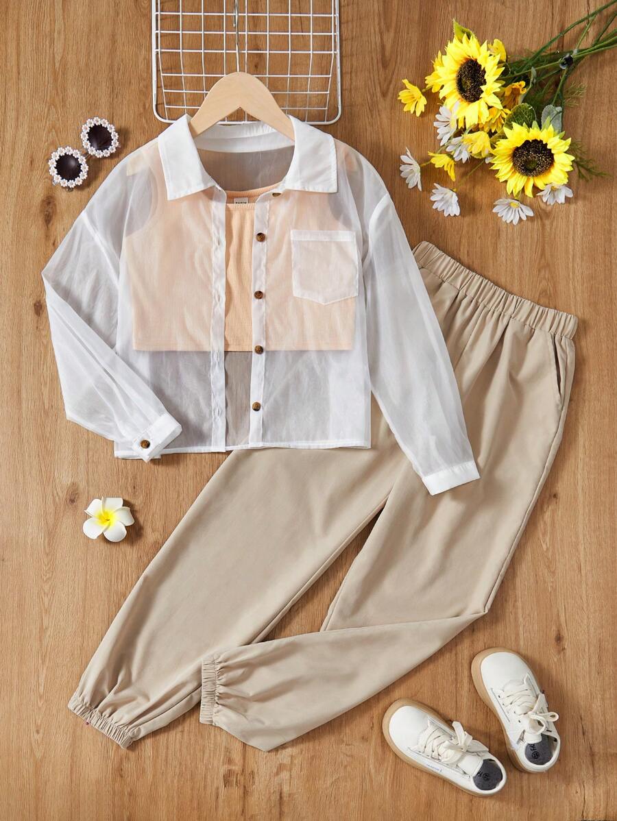 Tween Girls' 3pcs/Set Solid Color Chiffon Loose Casual Shirt With Knitted Tank Top And Wide Leg Pants