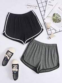Women's Plus Size Colorblock Elastic Waist Pajama Sleepwear Bottoms Sleep Shorts With Contrast Piping