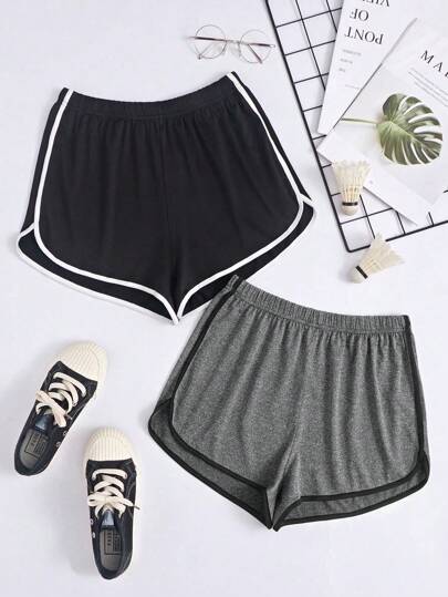 2件套加大码女式撞色饰边松紧腰睡裤