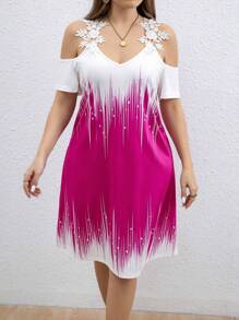 SHEIN Clasi 大码刺绣镂空肩部贴花长裙，夏季 - 玫紅色 - 查看 1