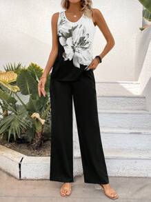 EMERY ROSE 黑色和白色花卉印花無袖上衣和長褲套裝 - 黑色 - 查看 5