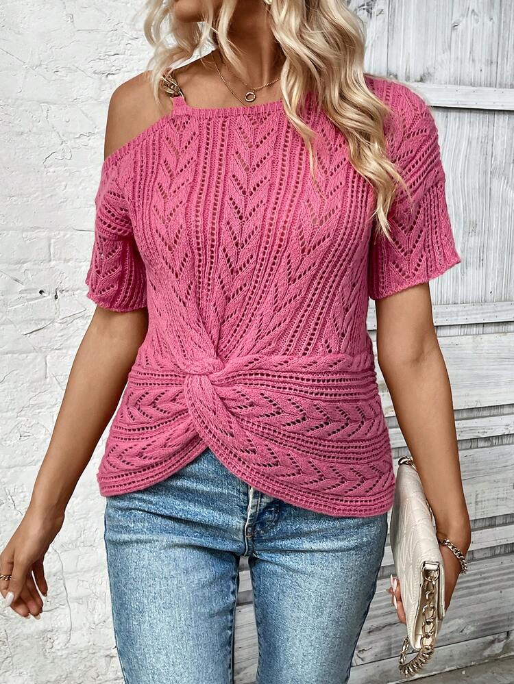Open Shoulder Twist Front Hollow Knitted Top