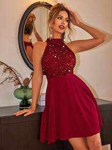 Joyfunear Women's Beaded Halter Neck Sequin Decor Elegant Short Dress - Red - View 4