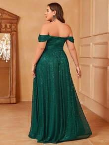 Vestido De Fiesta Largo De Lentejuelas Con Hombros Descubiertos Para Mujeres De Talla Grande - Verde Oscuro - Ver 2
