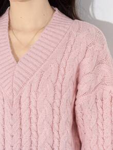 Women's V-Neck Drop Shoulder Long Sleeve Sweater - Pink - View 5