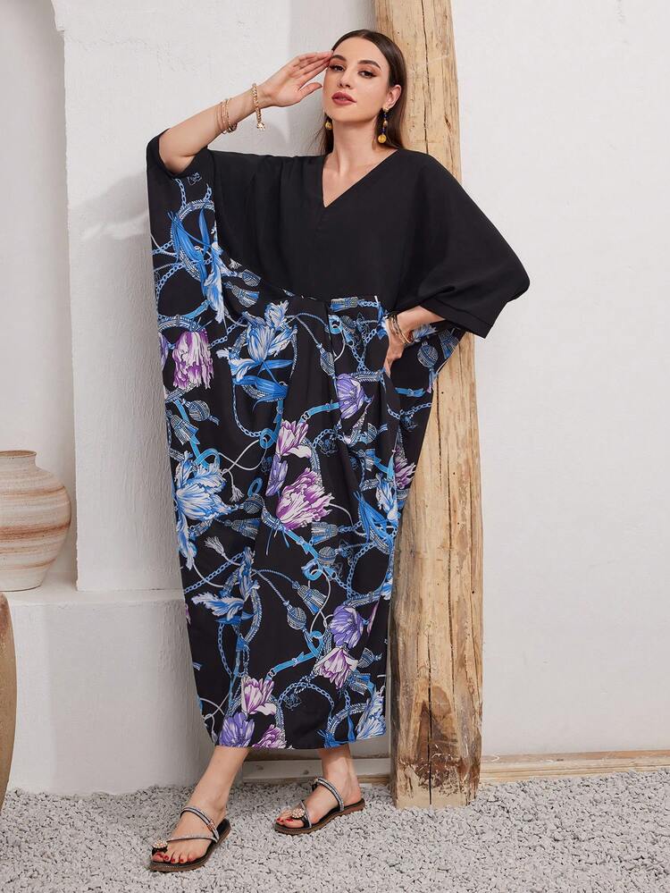 Women's Floral Print Patchwork Loose Dress Kaftan Jalabiya Dress