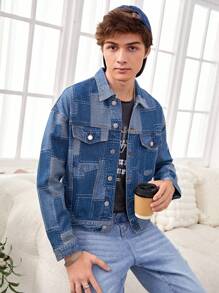 Teenage Boys' Street Style Patchwork Denim Jacket - Multicolor - View 1