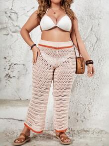 SHEIN Swim Curve Pantalones de punto tipo cubrecosturas de talla grande para mujer con detalles de recortes en contraste y calados, aptos para bodas de verano - Multicolor - Ver 4