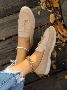 2025年秋季女士休闲卡其色舒适平底乐福鞋、运动鞋、一脚蹬莫卡辛鞋 - 卡其色 - 查看 3