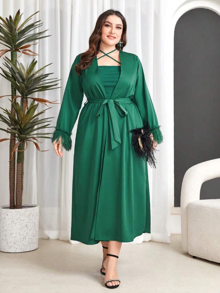 Plus Size Solid Color Halter Neck Dress With Sleeve Cuff Coat Two-Piece Set 2 Piece Set