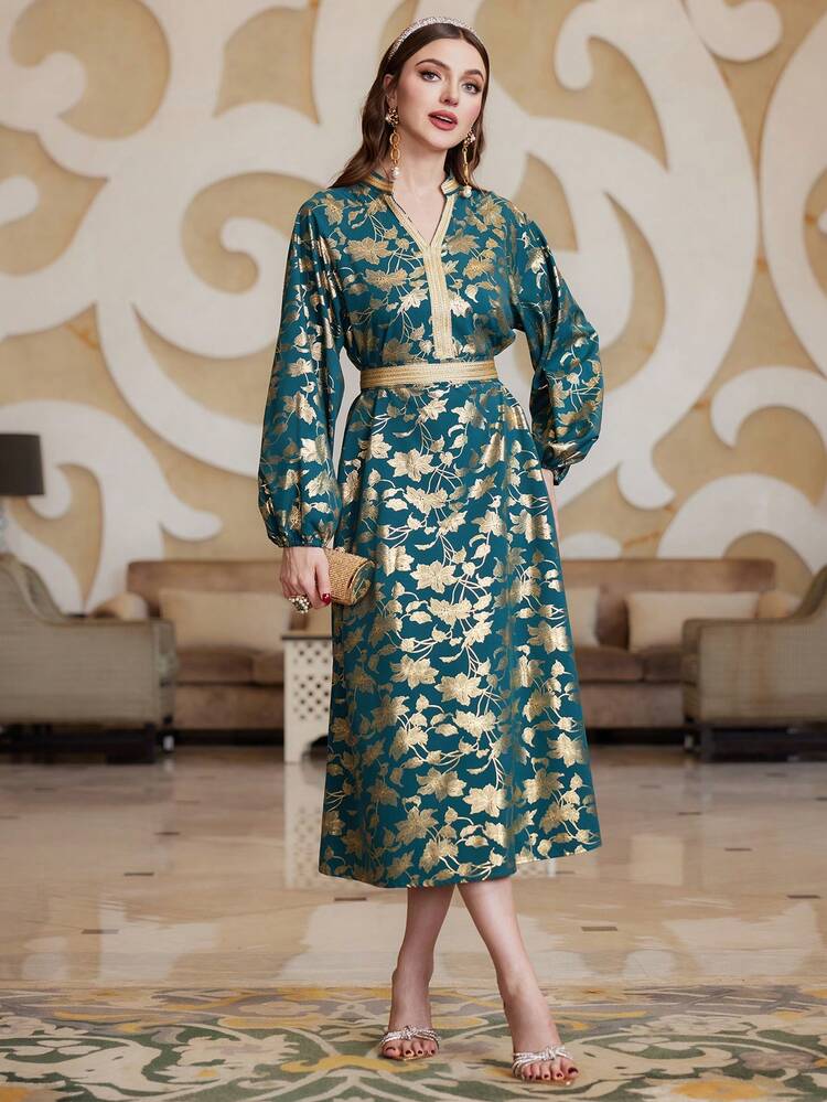 Women's Floral Print Notched Neckline Dress With Cut-Out And Weave Detail, Elegant Luxury Evening Party Style Fall Cloth For Women