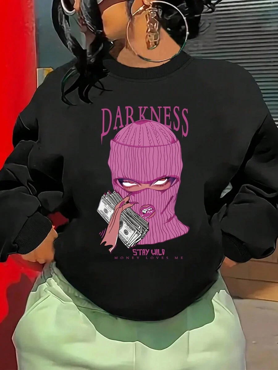 SHEIN EZwear Women's Round Neck Fleece Sweatshirt With Letter And Character Print - Black - View 1