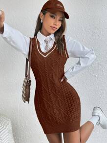 SHEIN Qutie Women's Twisted Knit Sleeveless Sweater Dress - Rust Brown - View 1