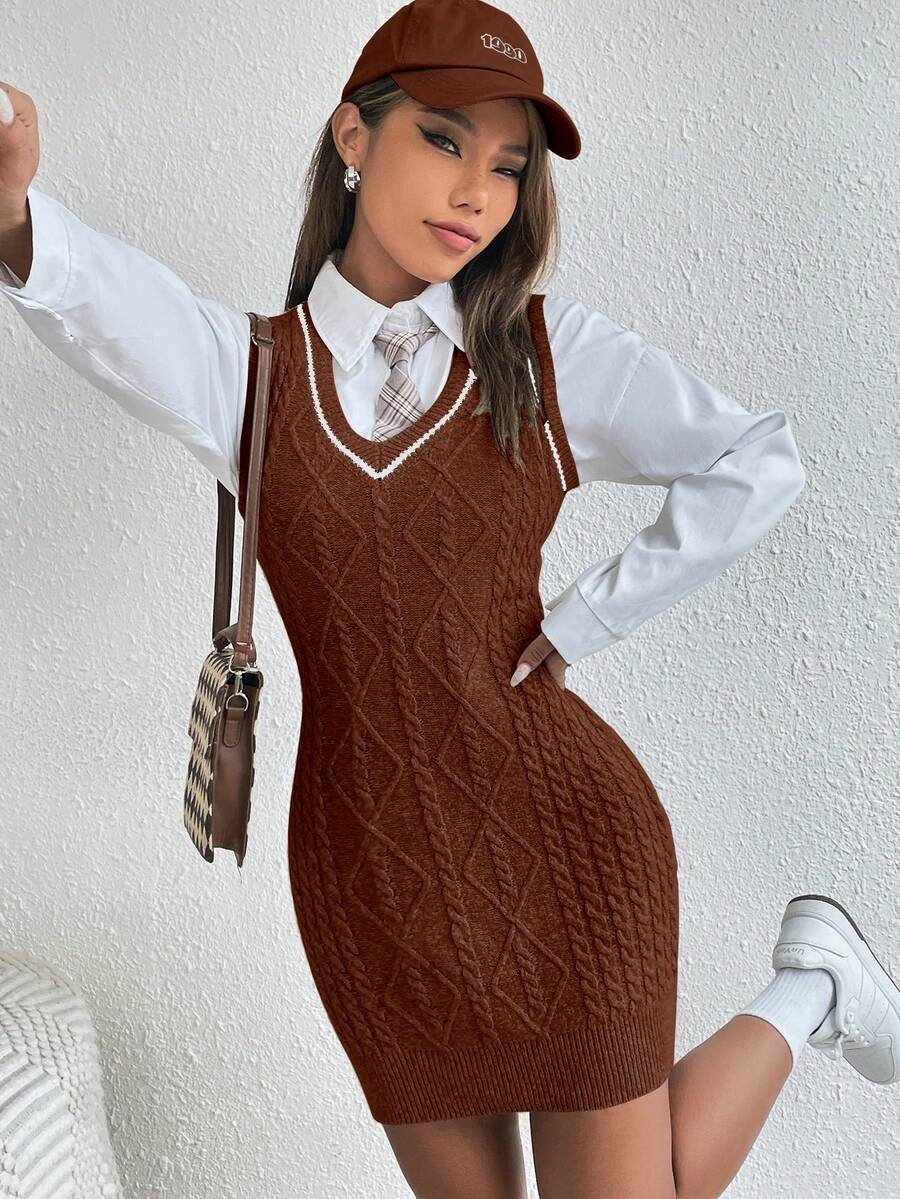 SHEIN Qutie Women's Twisted Knit Sleeveless Sweater Dress - Rust Brown - View 1