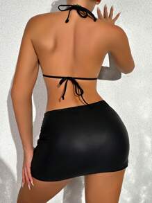 SHEIN Swim Conjunto de bikini de dos piezas de unicolor para playa de verano - Negro - Ver 2