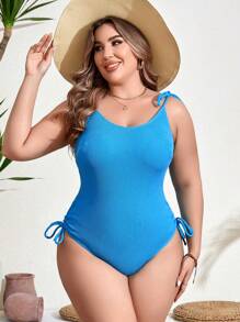 SHEIN Swim Curve Women's Plus Size Solid Color Strap & Ruched One-Piece Swimsuit Carnival Summer - Blue - View 5