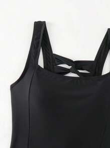 女士純色後扭結設計連身泳衣,音樂節 - 黑色 - 查看 6