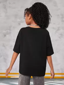 SHEIN Tween Girl Round Neck Short Sleeve T-Shirt, Casual Style, Letter And Guitar Print - Black - View 2