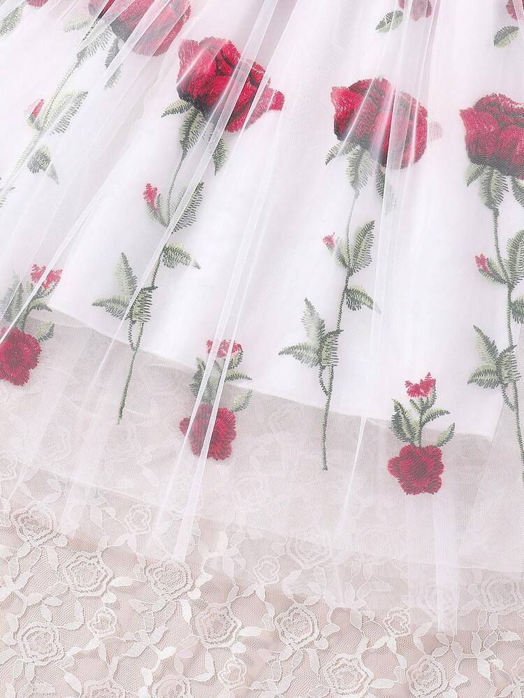 Tween Girls' Knitted Top And Embroidered Flower Mesh Skirt Outfits, Perfect For Spring/Summer Parties