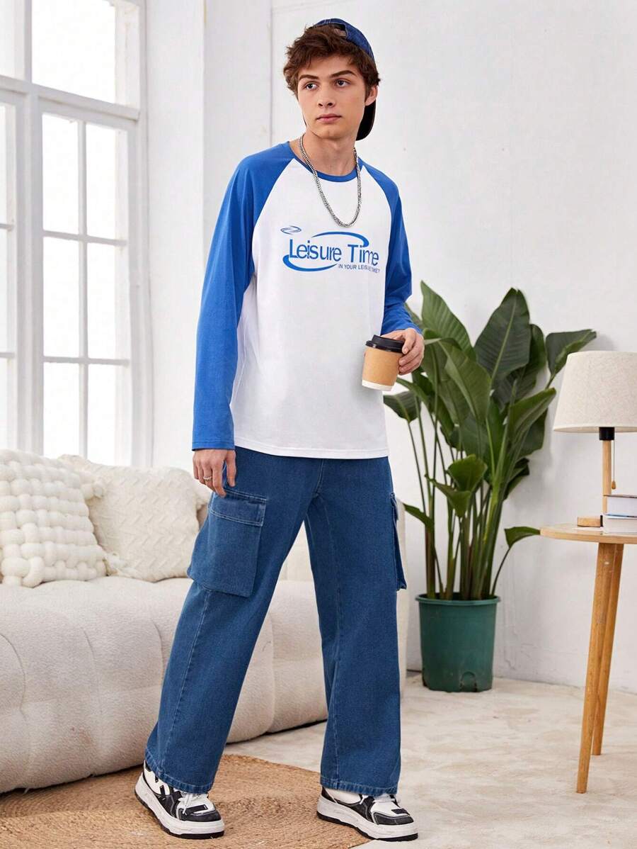 Thiếu niên con trai Retro & Cao Thời trang Xanh-Trắng Tương phản Màu sắc In Tay Raglan Lỏng lẻo phù hợp & Thoải mái Tay áo dài Áo thun Và Retro Nhiều túi Lỏng lẻo Phù hợp Sâu Xanh Denim mùa giặt Quần jean , 2 cái/bộ - Xanh và trắng - Xem 1