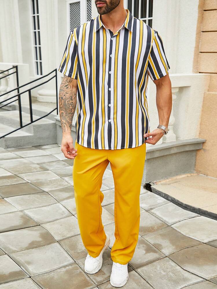 Men'S Plus Size Striped Short Sleeve Shirt And Pants Set