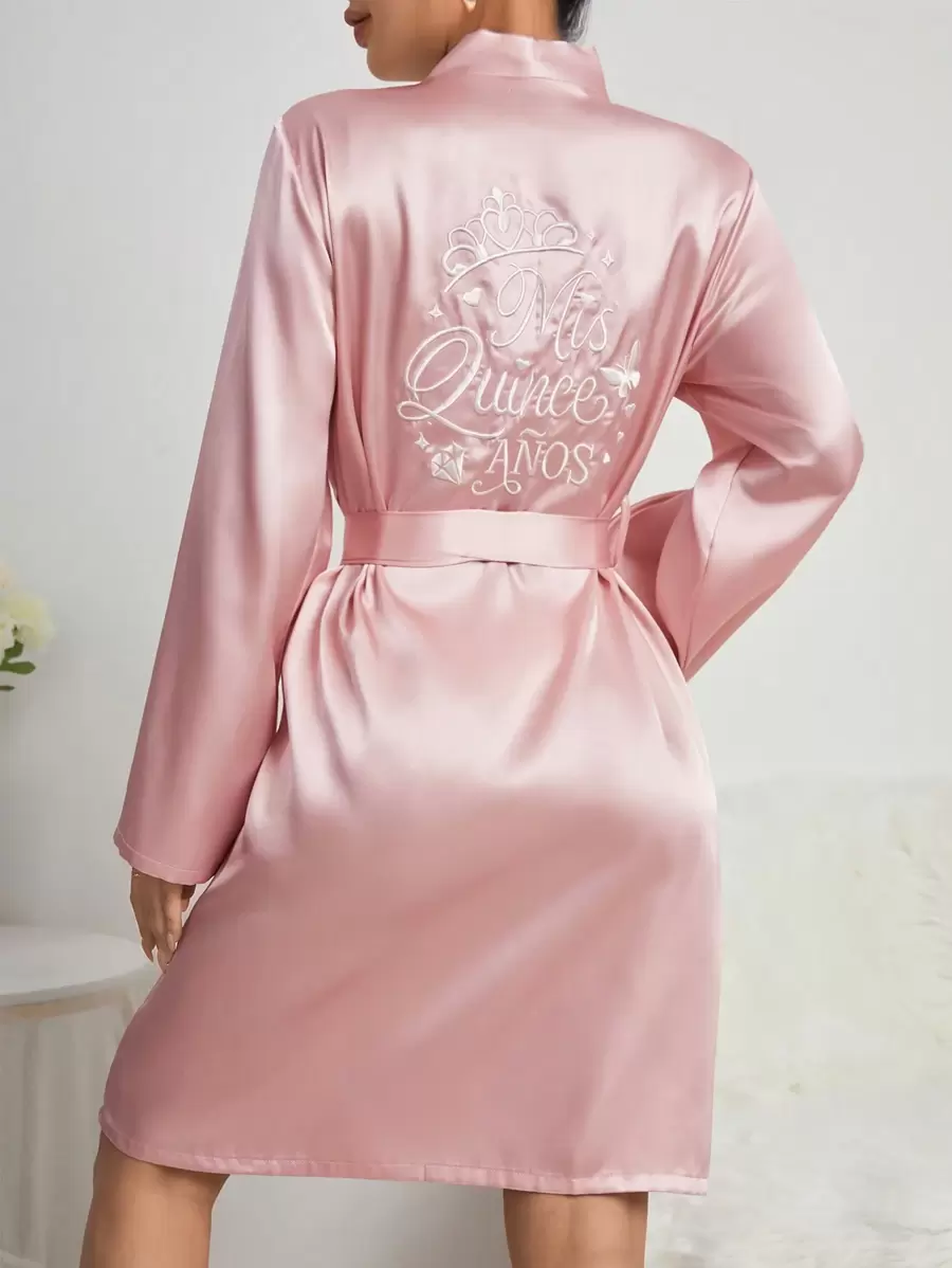 SHEIN Women's Crown Monogram Embroidered Belted Nightgown Luxeloungewear, Fall, Winter - Pink - View 1