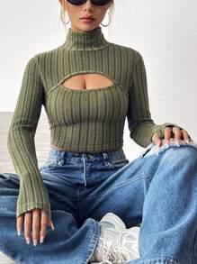 SHEIN EZwear Women's Solid Color High Neck Crop Top With Hollow Out Detail - Green - View 5