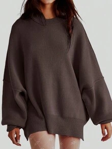Solid Drop Shoulder Split Hem Sweater,Long Sleeve Tops - Coffee Brown - View 3
