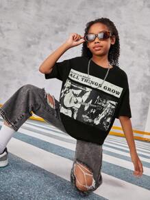 SHEIN Tween Girl Round Neck Short Sleeve T-Shirt, Casual Style, Letter And Guitar Print - Black - View 6