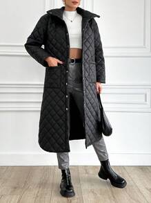 EURMUSE Dual Pocket Split Hem High Neck Quilted Coat - Black - View 3